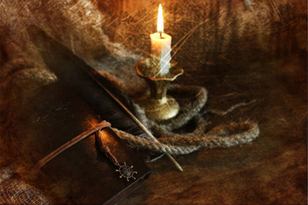 istock retro scratched effect on photo book candle feather and rope 660939552