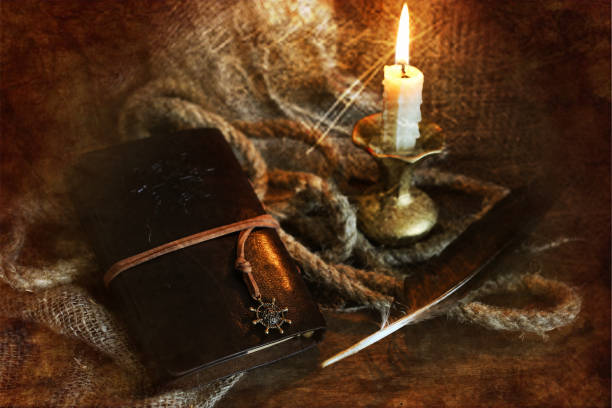 istock retro scratched effect on photo book candle feather and rope 660939838