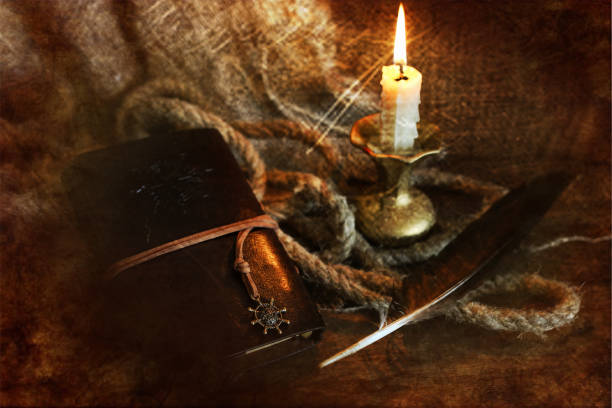 istock retro scratched effect on photo book candle feather and rope 660939966