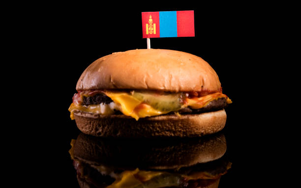 istock Mongolian flag on top of hamburger isolated on black background 660945356