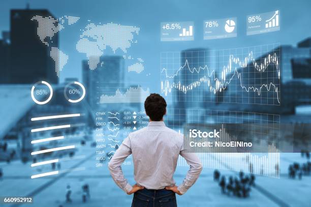 Person Analyzing Financial Dashboard With Kpi And Business District Background Stock Photo - Download Image Now