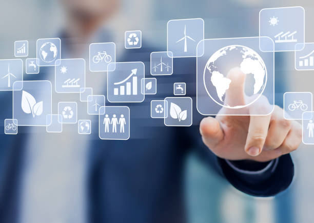 istock Sustainable development, ecology and environment protection concept, person touching button 660954218