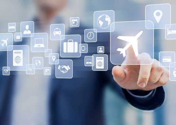 Business trip concept, businessman touching icons, travel plan Business trip concept with a businessman touching a button on a screen with icons about travel planning, transportation, hotel, flight and passport business journey stock illustrations