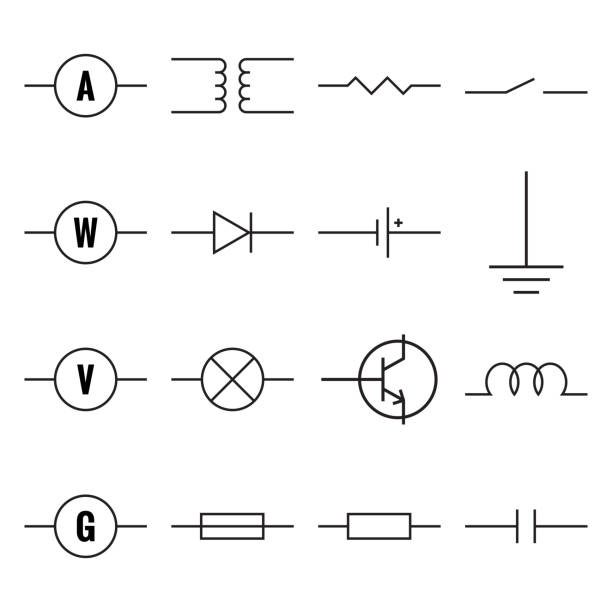 Set of electronic components Set of electronic components for circuits and motherboards. Vector electric symbols, resistor, diode, bulb, transistor, capacitor, ammeter, voltmeter, switch, battery. electrical fuse drawing stock illustrations