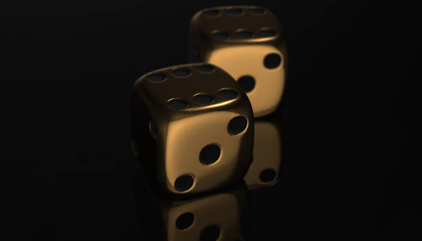 istock 3d golden poker two dice, reflection on black background, 3d rendering 660977222