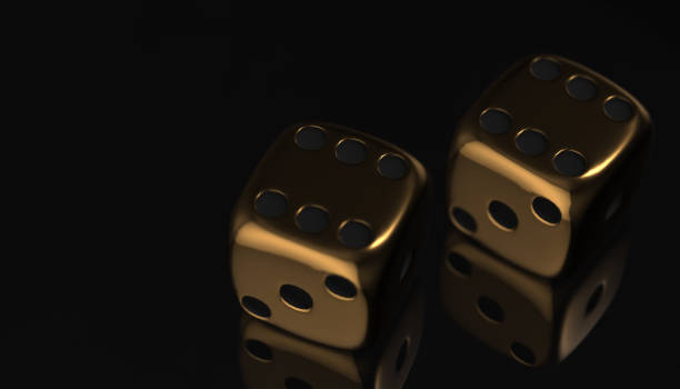 istock 3d golden poker two dice, reflection on black background, 3d rendering 660977730