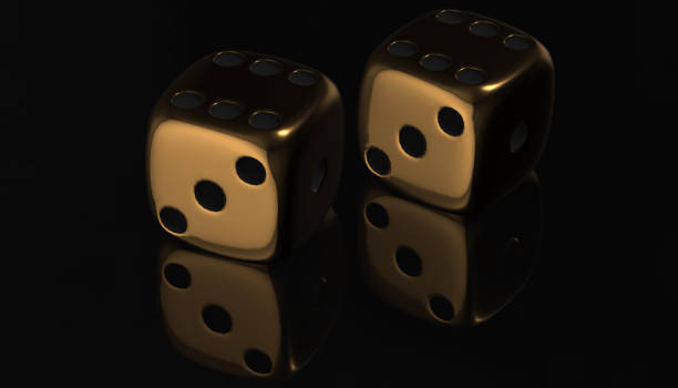 istock 3d golden poker two dice, reflection on black background, 3d rendering 660977754
