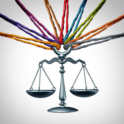 Community law or class action lawsuit and legal assistance concept as a group of diverse ropes representing social justice and cooperating together to provide judicial advice with 3D illustration elements.