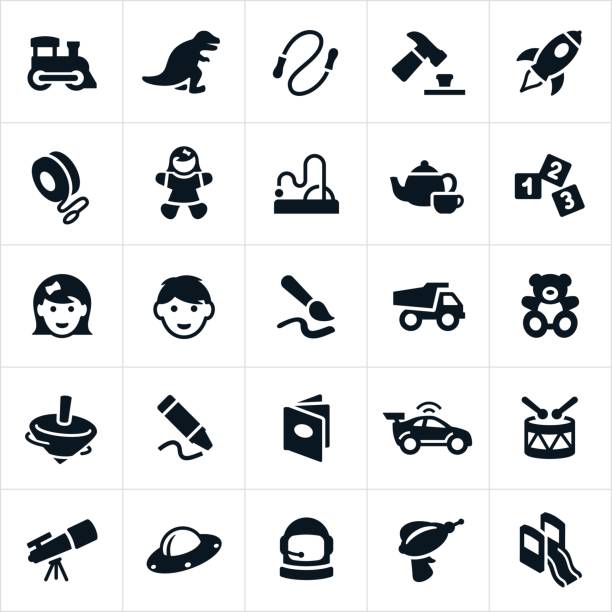 Children's Toys Icons An icon set of common children’s toys for both boys and girls. The icons include a boy and girl along with a train, dinosaur, jump rope, hammer, rocket ship, doll, tea set, blocks, paintbrush, dump truck, teddy bear, top, crayon, book, remote controlled car, drums, telescope and slide to name a few. spinning top stock illustrations