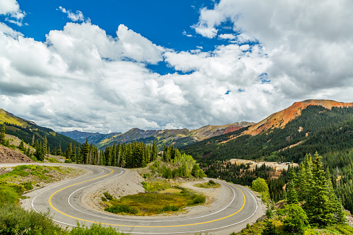 The San Juan Skyway forms a 233 mile loop in southwest Colorado traversing the heart of the San Juan Mountains festuring breathtaking mountain views and includes the portion of US 550 between Silverton and Ouray known as the Million Dollar Highway.