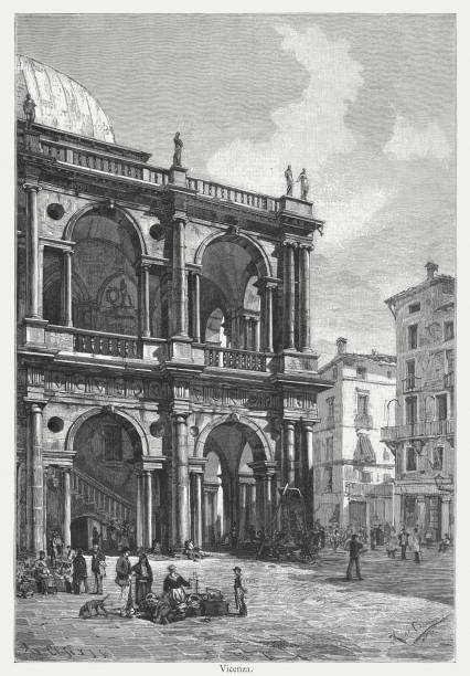 ilustraciones, imágenes clip art, dibujos animados e iconos de stock de basílica palladiana, vicenza, italia, construido en 1549-1614, grabado en madera, publicó de 1884 - andrea palladio