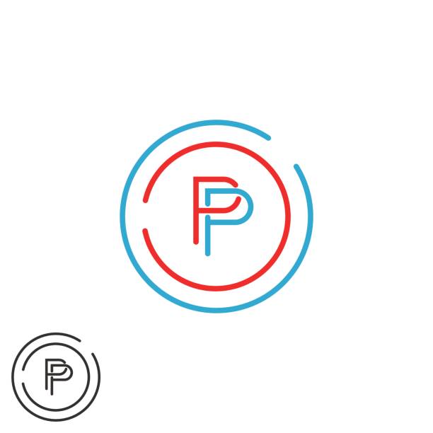 illustrations, cliparts, dessins animés et icônes de monogramme p lettre symbole maquette, modèle d’emblème de fine ligne initiale hipster moderne, modèle élément cercle rouge et bleu cadre - letter p