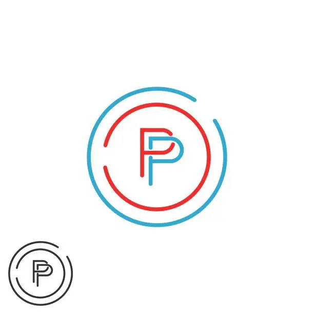 Vector illustration of Monogram P letter symbol mockup, initial modern hipster thin line emblem template, red and blue circle frame design element template