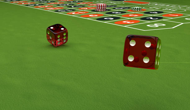 Casino theme, playing chips and dice on a gaming table, 3d illustration