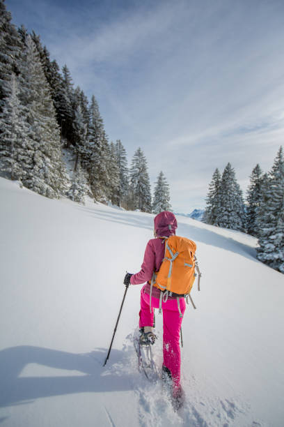 hübsche, junge frau schneeschuhwandern in hohen bergen - snowshoeing snowshoe women shoe stock-fotos und bilder