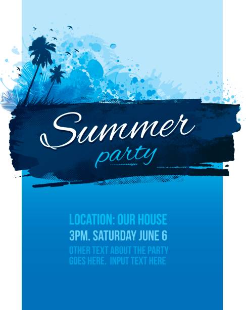 Blue summer party poster invitation Invite for a summer bbq or birthday party poster wave water silhouettes stock illustrations
