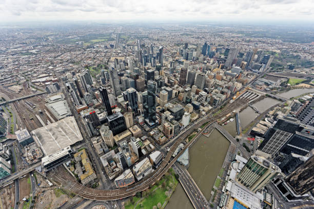 istock Aerial view over Melbourne CBD under overcast skies (Victoria, Australia) 661153078