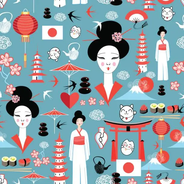 Vector illustration of Pattern with various elements of Japanese