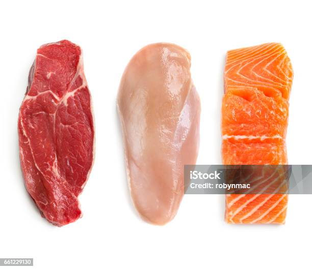 Raw Beef Chicken And Fish Isolated Top View Stock Photo - Download Image Now - Meat, Fish, White Background