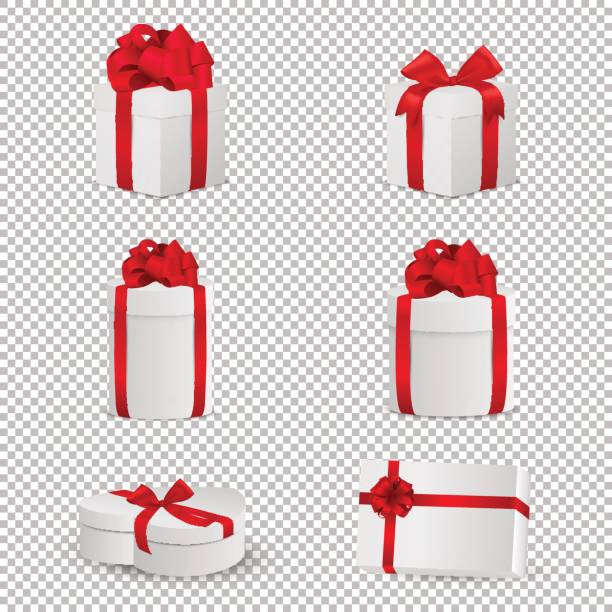 ilustraciones, imágenes clip art, dibujos animados e iconos de stock de caja de regalo blanca vector con lazo rojo conjunto aislado en fondo transparente. plantilla de diseño en eps10 - tied knot gift award red