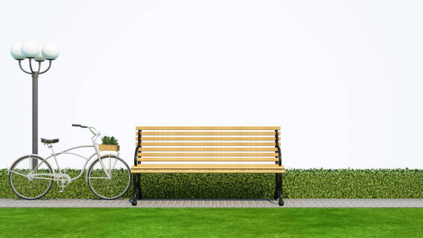 bench and  bicycle in park with white background - 3d rendering