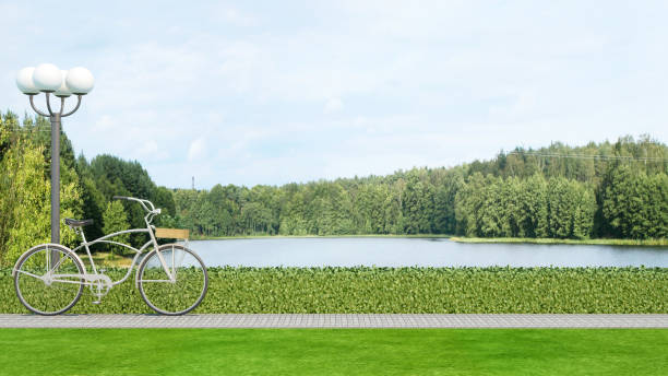 bicycle park and lake view - 3d rendering
