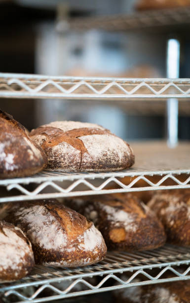 Artisanal breads on bakery racks
