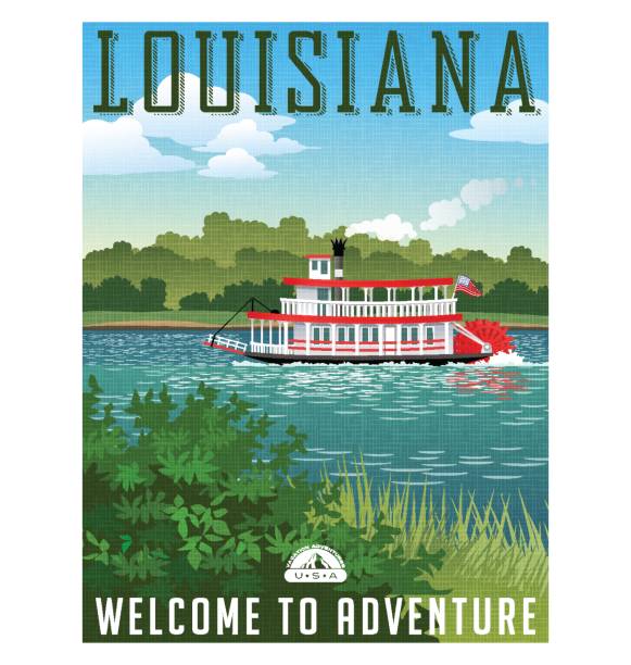 louisiana seyahat poster ya da etiket. kürek tekerlek riverboat ve doğal peyzaj vektör çizimi - louisiana stock illustrations