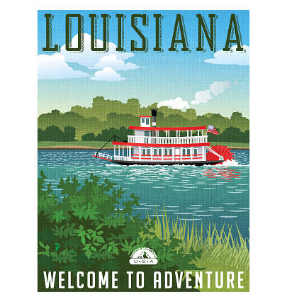 Louisiana travel poster or sticker. Vector illustration of paddle wheel riverboat and scenic landscape