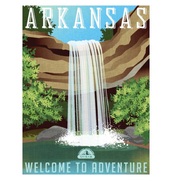 ilustrações de stock, clip art, desenhos animados e ícones de arkansas travel poster or sticker. vector illustration of beautiful waterfall over rocky ledge - mineral waterfall water flowing