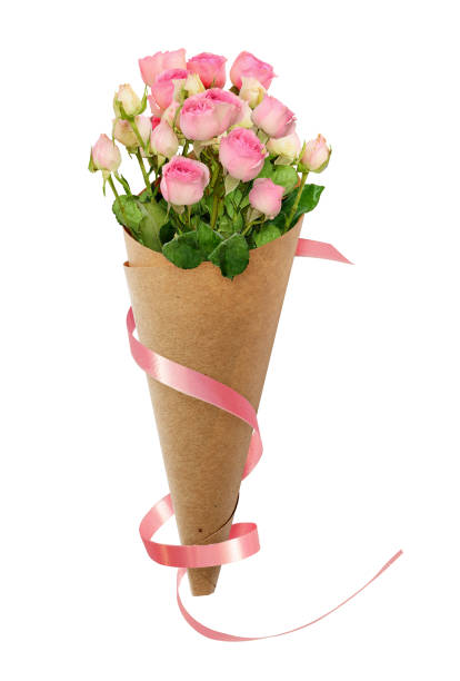Small pink rose flowers in a paper cornet with pink ribbon Small pink rose flowers in a paper cornet with pink ribbon isolated on white hyde park flowers stock pictures, royalty-free photos & images
