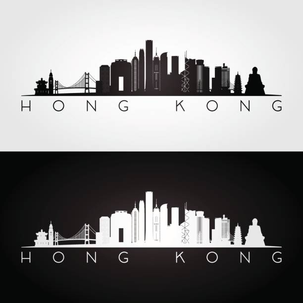 ilustrações de stock, clip art, desenhos animados e ícones de hong kong skyline and landmarks silhouette, black and white design, vector illustration. - hong kong skyline panoramic china