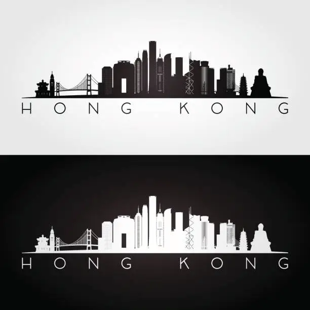 Vector illustration of Hong Kong skyline and landmarks silhouette, black and white design, vector illustration.