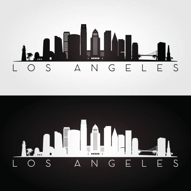 illustrazioni stock, clip art, cartoni animati e icone di tendenza di skyline e punti di riferimento di los angeles usa silhouette - los angeles county