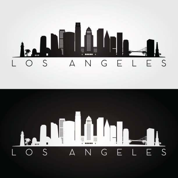 Los Angeles USA skyline and landmarks silhouette Los Angeles USA skyline and landmarks silhouette, black and white design, vector illustration. financial district stock illustrations