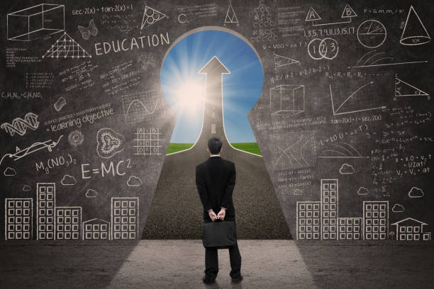 istock Businessman see success arrow sign through key hole 661419302