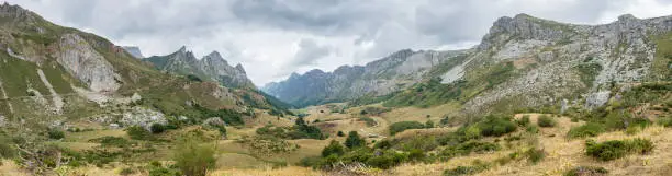 Panoramic view of Valley of the River Rio del Valle, in Somiedo Nature Reserve. It is located in the central area of the Cantabrian Mountains in the Principality of Asturias in northern Spain