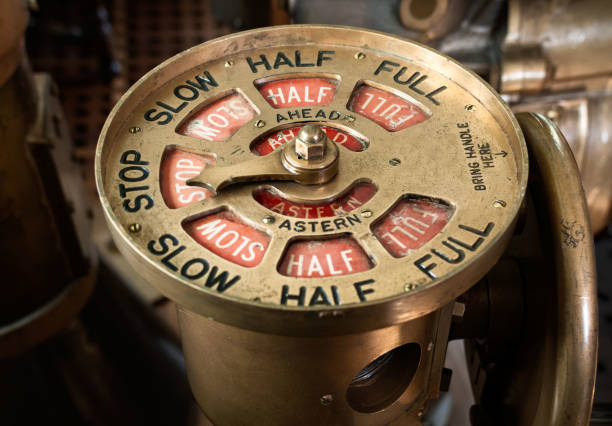 Antique brass steam ship telegraph set to stop