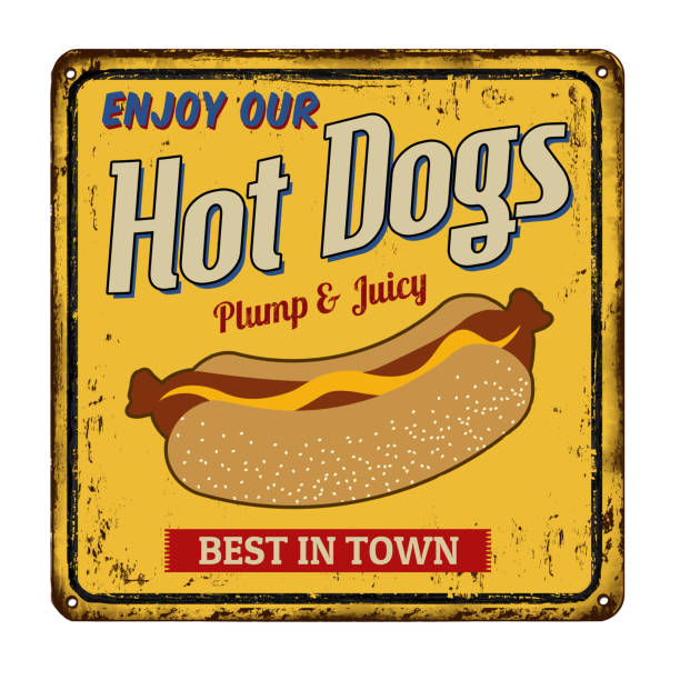 Hot dogs vintage rusty metal sign stock photo