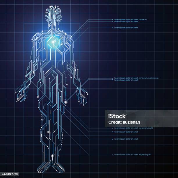 Ilustración de Circuito Formado Por Gráficos Humanos y más Vectores Libres de Derechos de Cuerpo humano - Cuerpo humano, Imagen generada digitalmente, Cíborg