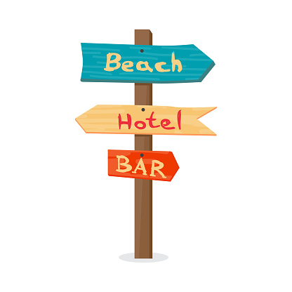 Wooden pointer to the beach, the hotel, in the bar. Summer signpost flat vector cartoon illustration on a white background isolated