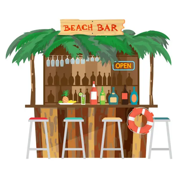 Vector illustration of Bar bungalows on the beach ocean coast