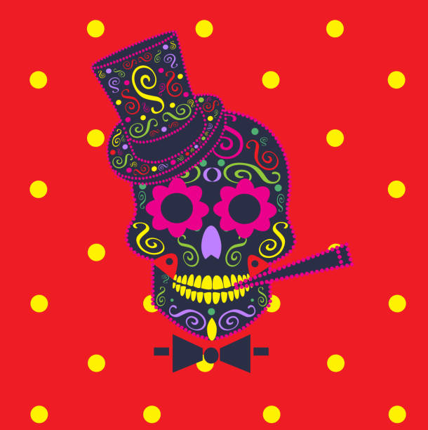 ilustrações de stock, clip art, desenhos animados e ícones de skull vector gentleman with cigarette and cylinder hat - scroll shape frame skull decoration