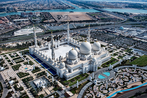 Aerial view of Abu Dhabi, UAE with Sheikh Zayed Mosque.