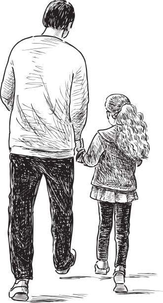father and daughter on a stroll Vector drawing of a man with his child on a walk. father daughter stock illustrations