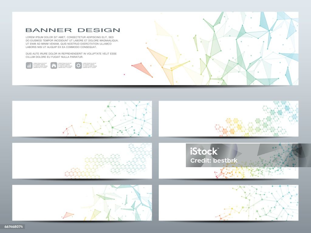 Satz von modernen wissenschaftlichen Banner. DNA-Molekül Struktur und Neuronen. Zusammenfassung Hintergrund. Medizin, Wissenschaft, Technologie, Wirtschaft, Website-Vorlagen. Skalierbare Vektorgrafiken - Lizenzfrei Header - Designelement Vektorgrafik