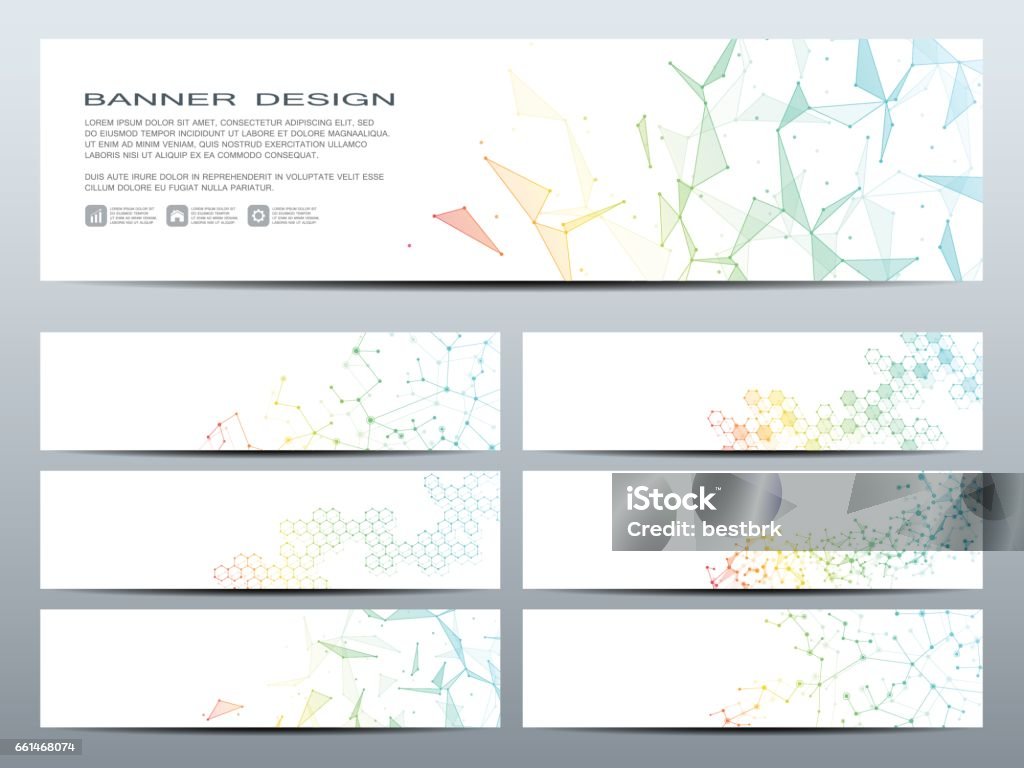 Set of modern scientific banners. Molecule structure DNA and neurons. Abstract background. Medicine, science, technology, business, website templates. Scalable vector graphics Header - Design Element stock vector