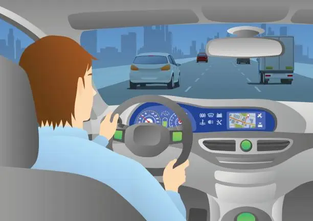 Vector illustration of car cockpit back view, a man is driving a car through an urban road