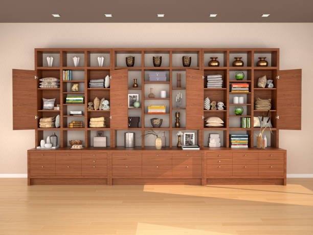 istock Open wooden shelves with different filling. 3d illustration 661478766