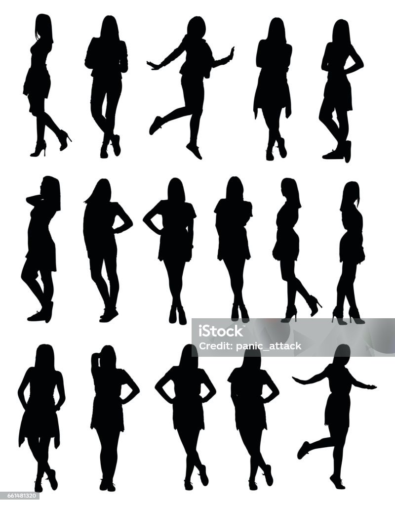 Set di varie silhouette di giovani donne di moda in diversi vestiti e pose - arte vettoriale royalty-free di Sagoma - Controluce